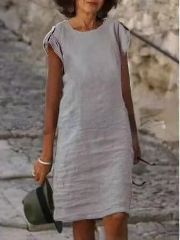 Valenzora | Women's Midi Dress in Colorful Cotton-Linen, Sleeveless with Round Neck
