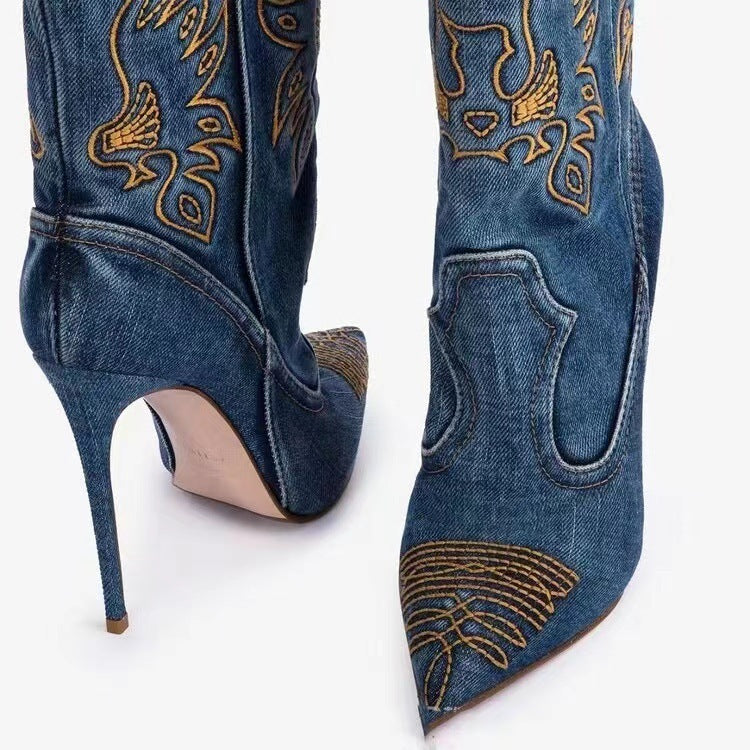 Valenzora | Damen-Fashion Western-Denim-Stil Stiefel mit hohen Absätzen