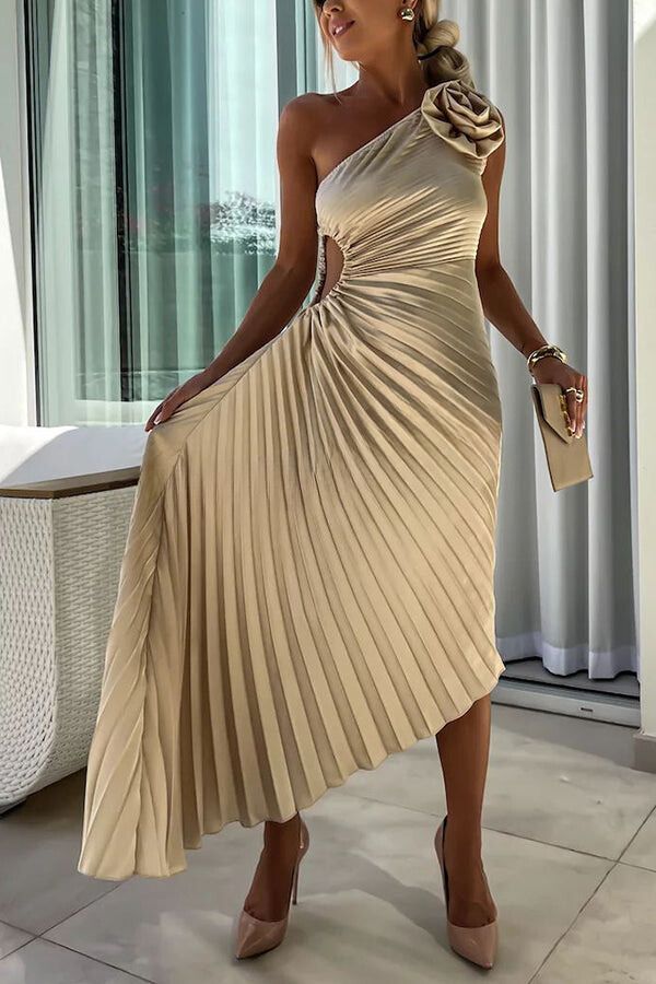 Valenzora | Romantic Nights Satin Sublime Floral Elastic Cutout One-Shoulder Pleated Maxi Dress