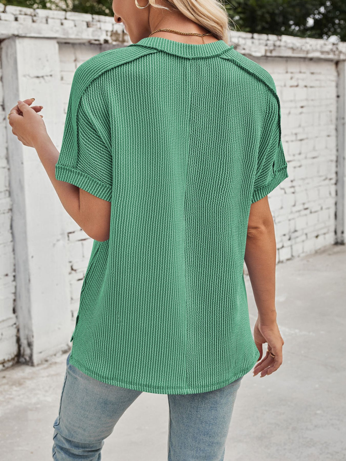 Valenzora | Corduroy V-neck short-sleeved T-shirt