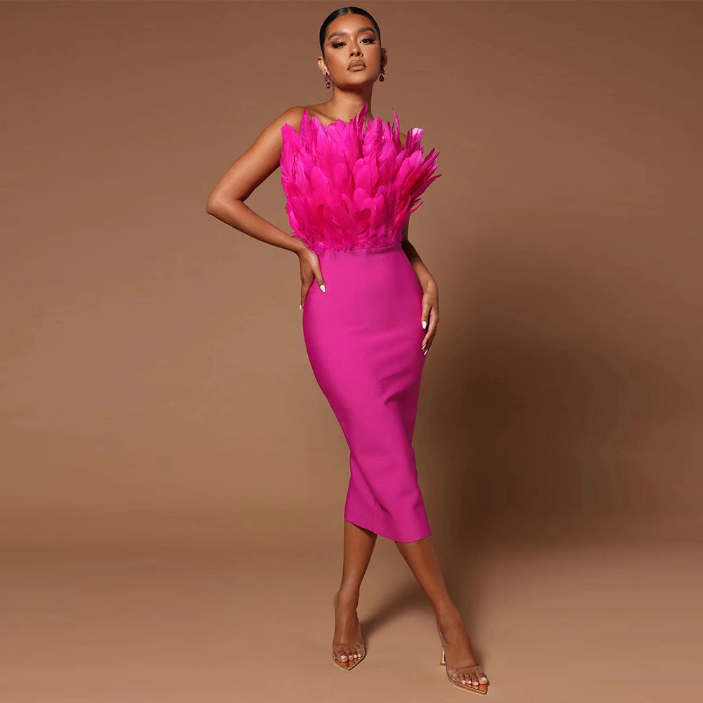 Valenzora women's dress with waist accentuation and feather embellishment