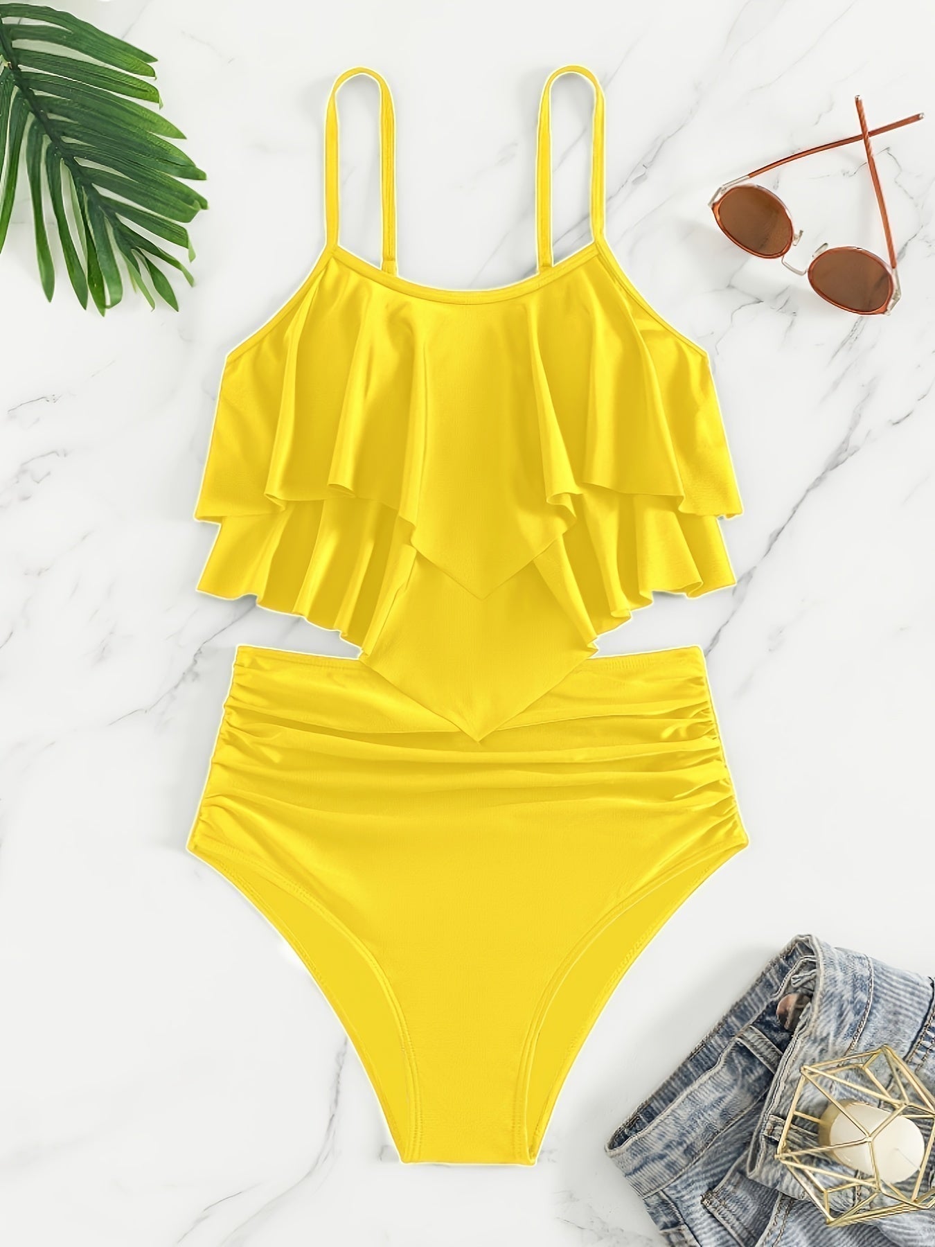 Valenzora | Ruched, Layered Two-Piece Black Tankini for Women