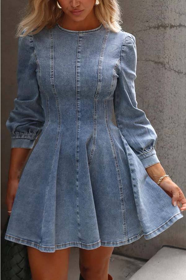 Valenzora | Fade Into You Denim Princess Line Back Zipper Flare Stretch Mini Dress