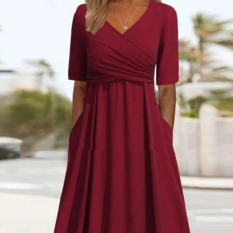 Valenzora | Blaues, schlichtes Midikleid mit V-Ausschnitt