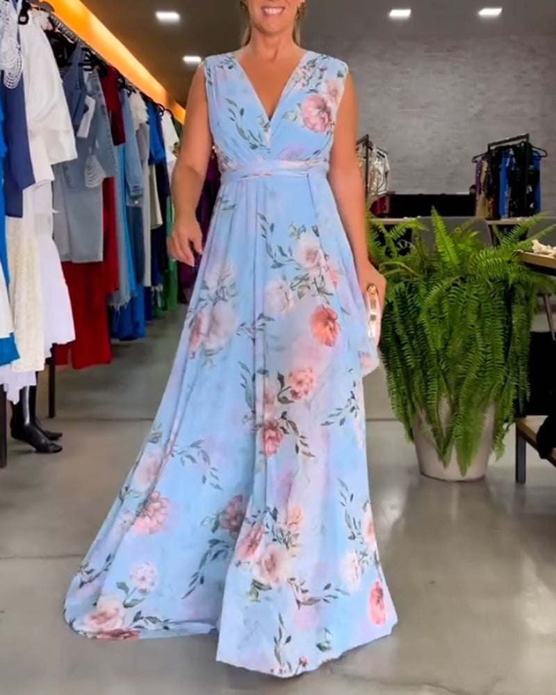 Valenzora | Elegant sleeveless V-neck floral print dress