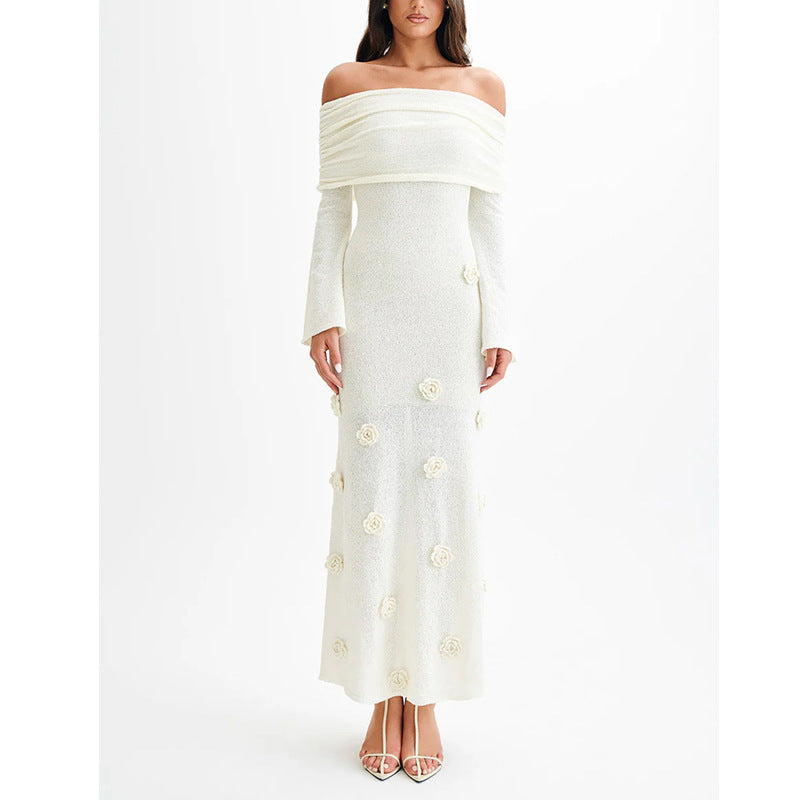 Valenzora | Three-dimensional floral dress with off-the-shoulder knit