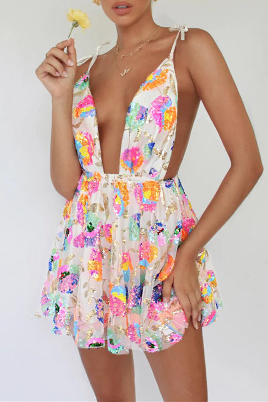 Valenzora | V-neck Open back Sequins Floral Tie A-line Mini Dress