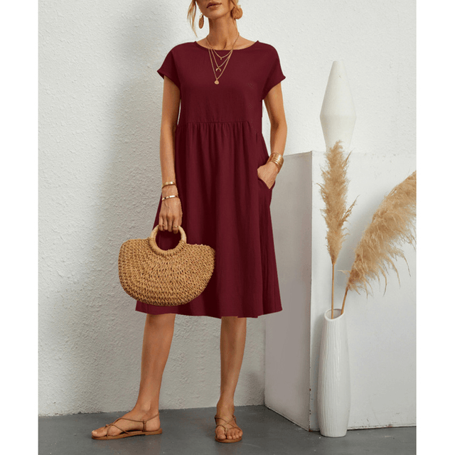 Valenzora | Kurzes Baumwoll-Leinen Midi-Kleid mit Ärmeln