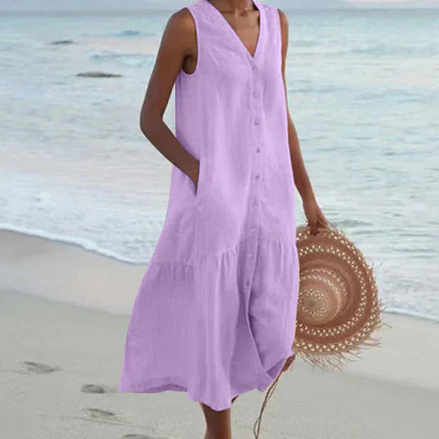 Valenzora | Sleeveless cotton linen dress with V-neck