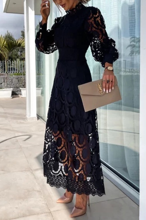 Valenzora | Rosiedress Mockneck Puff Sleeve Lace Hollow Out Mid Dress