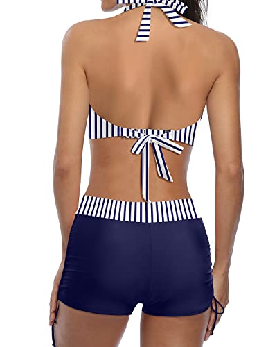 Valenzora | Sporty two-piece swimsuit with push-up bikini and boyshorts, blue and white striped
