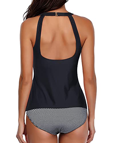 Valenzora | Figure-shaping black low-cut tankini with striped shorts