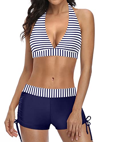Valenzora | Sporty two-piece swimsuit with push-up bikini and boyshorts, blue and white striped