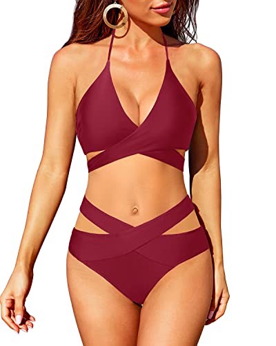 Valenzora | High-waisted bikini swimsuit push-up halter wrap criss-cross 2-piece set