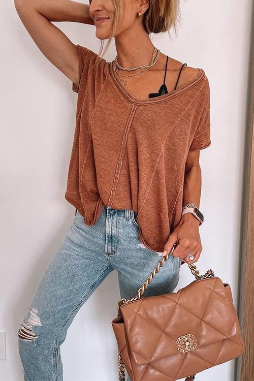 Valenzora | Jada V-neck short sleeve solid color T-shirt