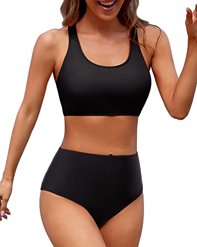 Valenzora | Damen zweiteiliger Bikini Sport Crop Top Badeanzug Schwarz