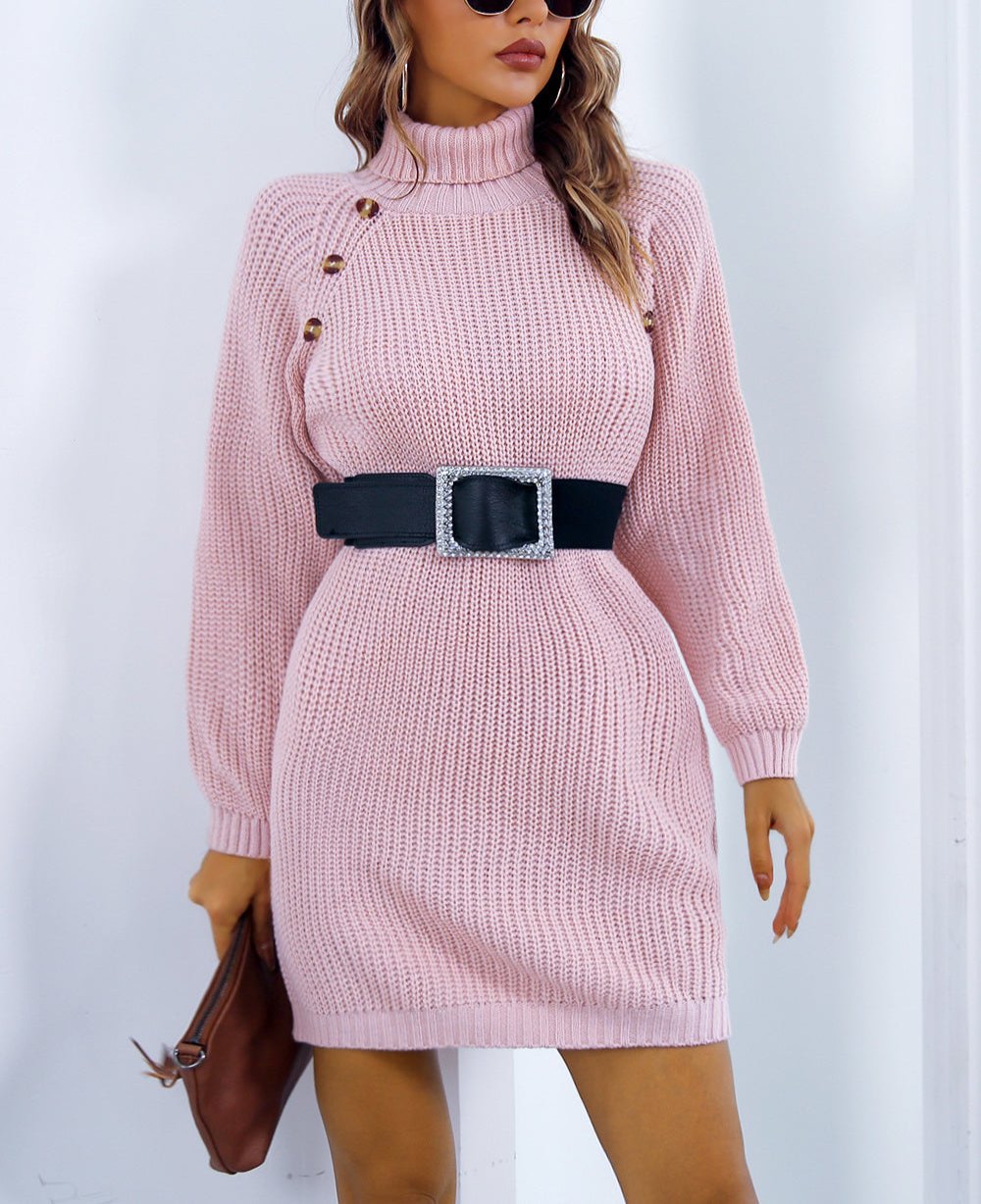 Valenzora | Chic autumn knit dress with collar and button closure for women