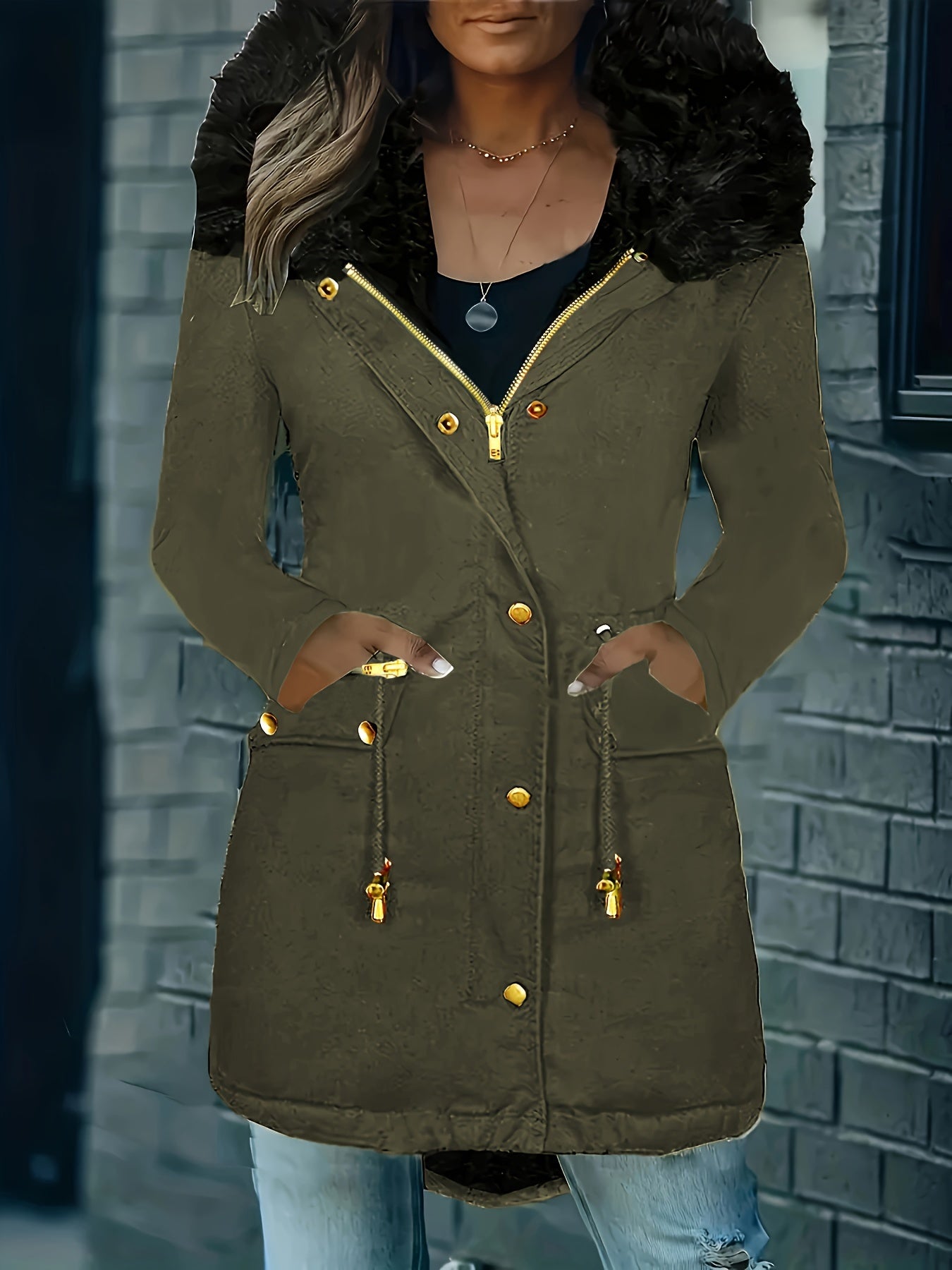 Valenzora | Zip-up parka coat with buttons and hood, women's winter jacket