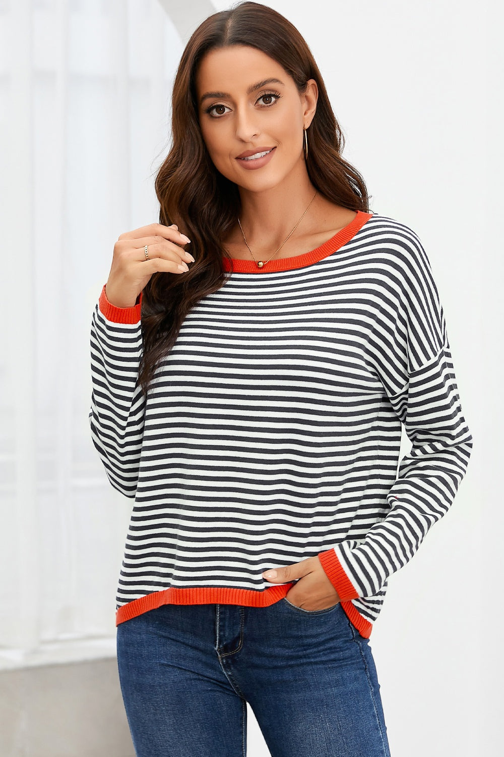 Valenzora | Striped crew neck drop-shoulder T-shirt