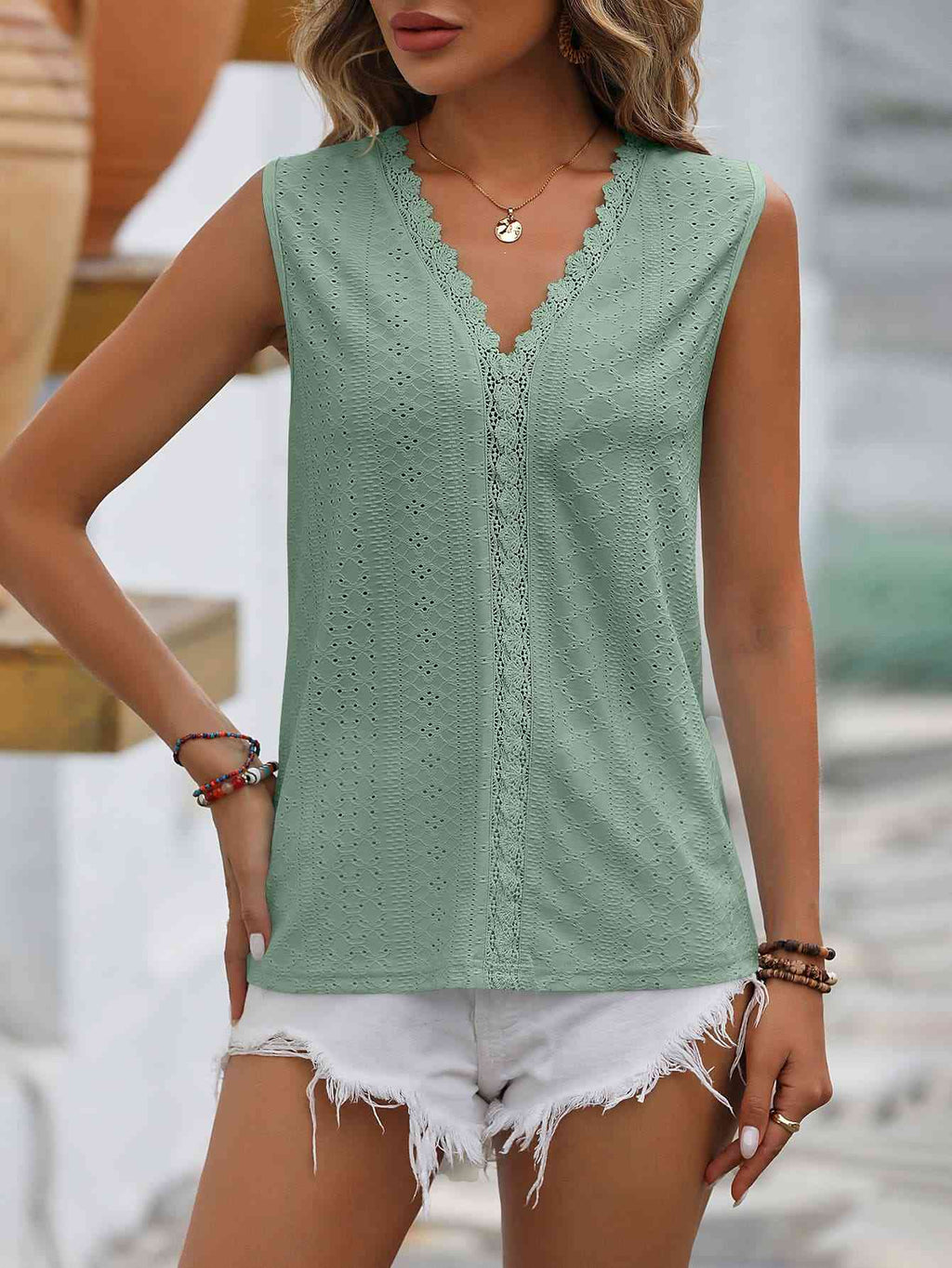 Valenzora | Split Lace V-Neck Sleeveless Shirt