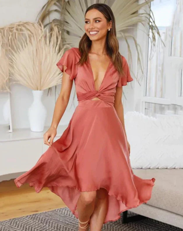 Valenzora | Elegant satin dress with tie belt