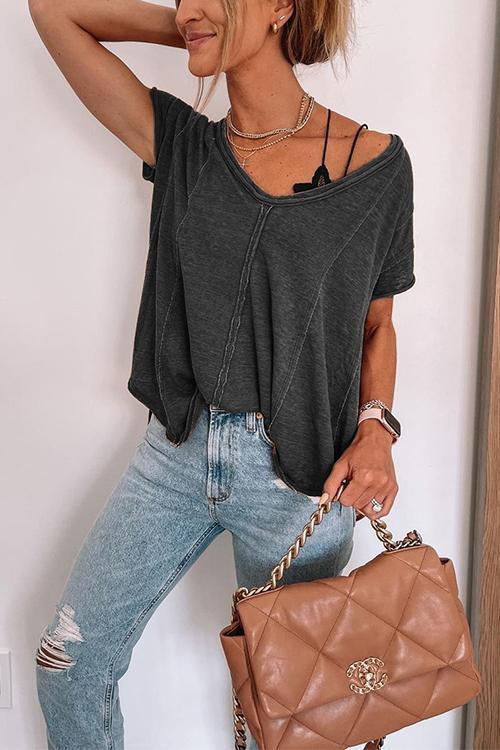 Valenzora | Jada V-neck short sleeve solid color T-shirt