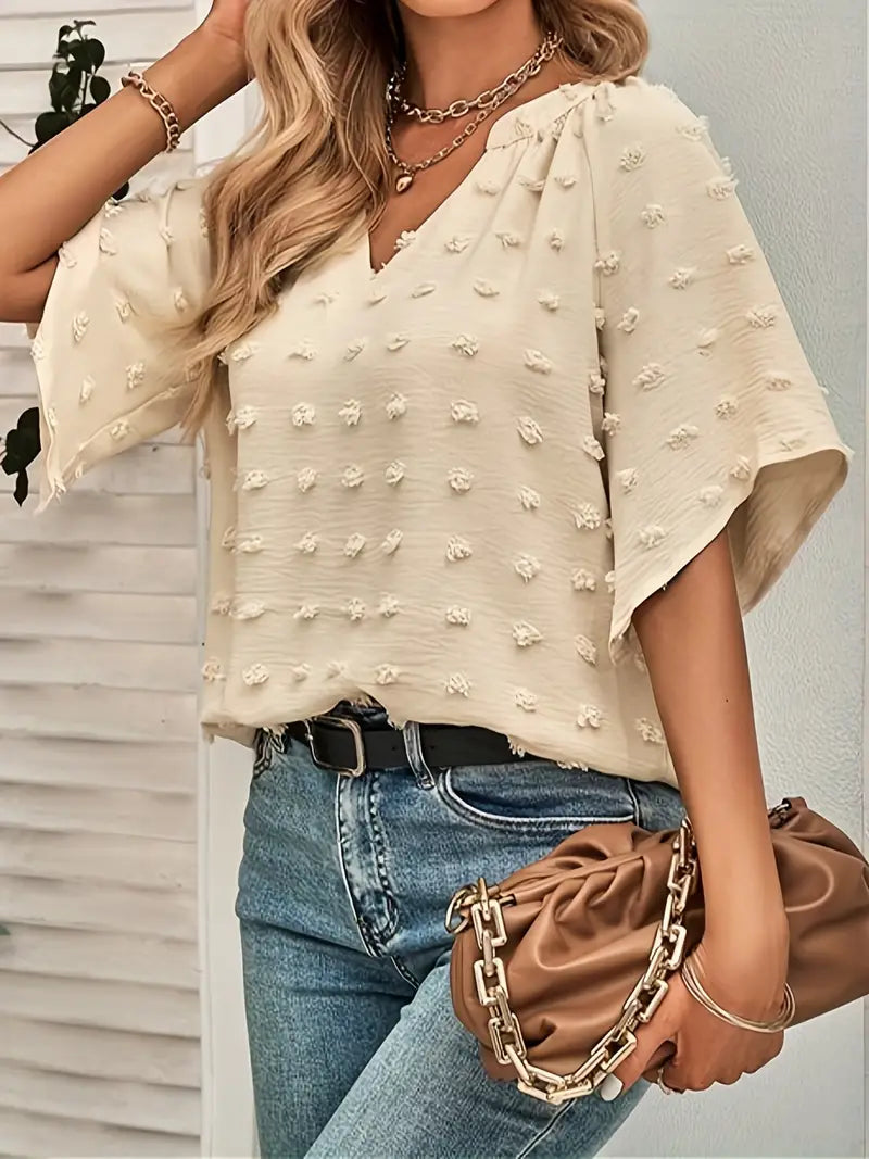 Valenzora | Elegant and stylish V-neck top with Swiss polka dots