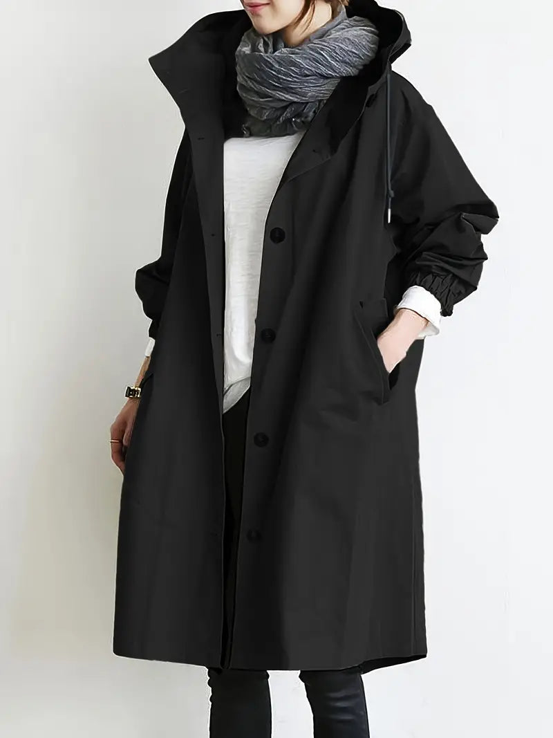 Trench coat with hood and drawstring