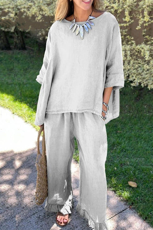 Valenzora | Rosiedress Cotton Linen 3/4 Sleeve Sweater Top Wide Leg Trousers Ruffled Hem Set