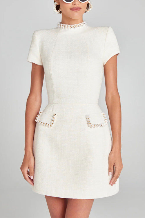 Valenzora | Rosiedress Mockneck Pearl Trim Fitted Tweed Mini Dress