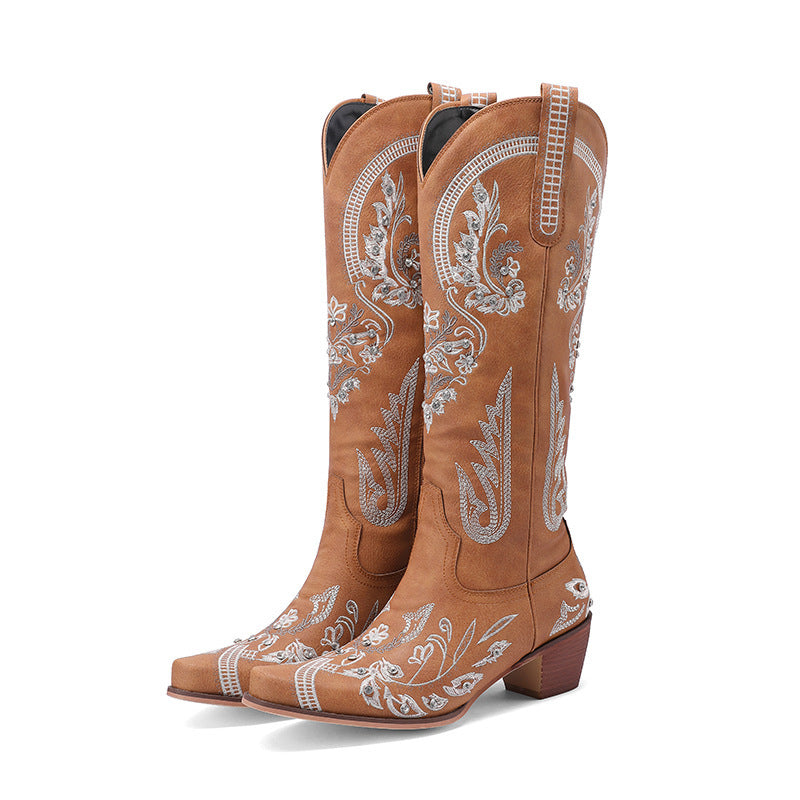 Valenzora | Embroidered Western Denim Retro Women's Knee-Length Boots