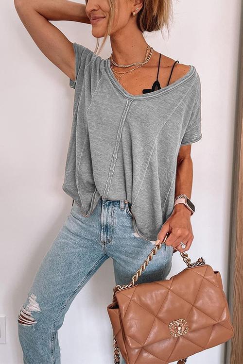 Valenzora | Jada V-neck short sleeve solid color T-shirt