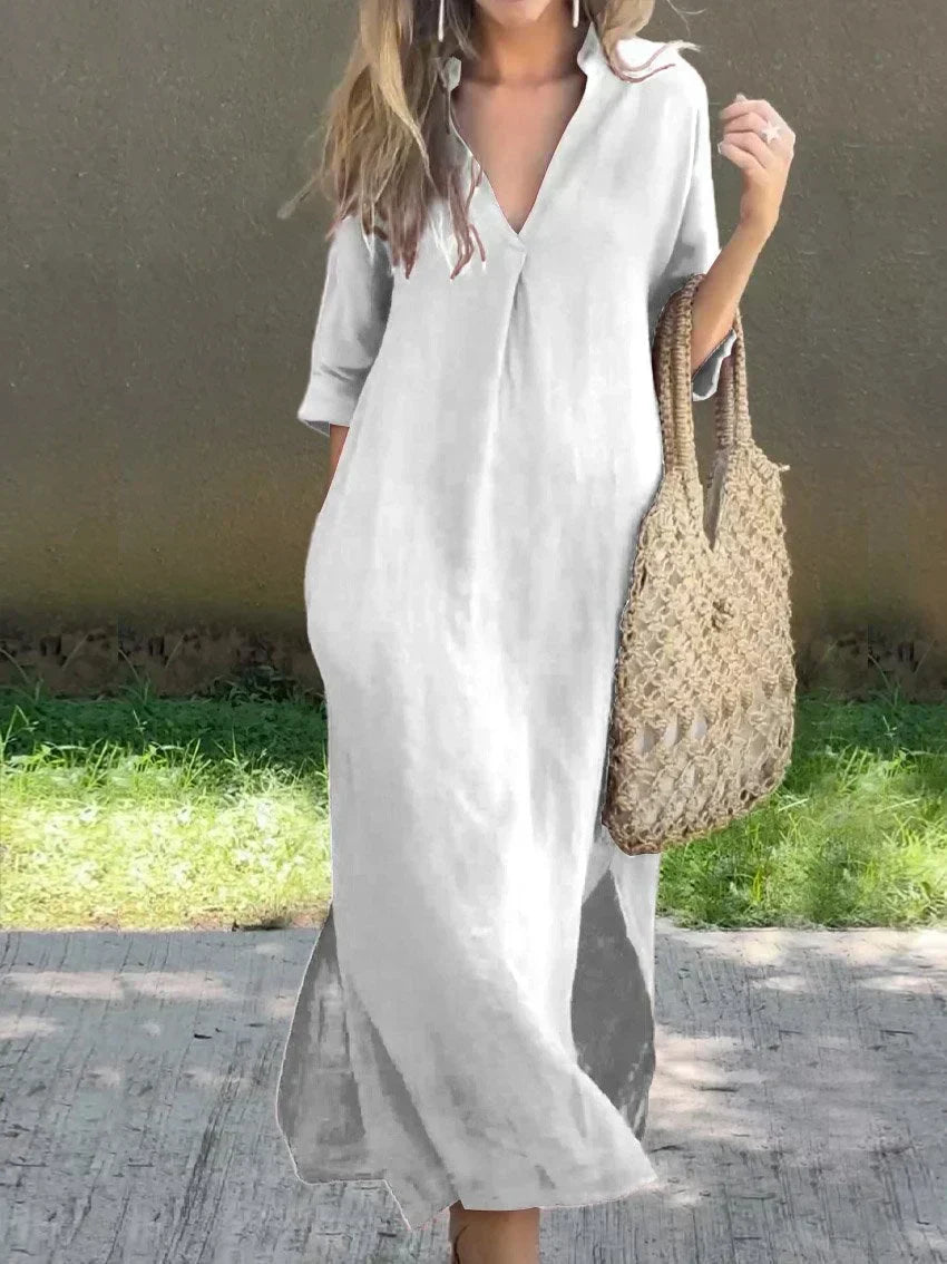 Valenzora | Schlichtes Leinenkleid mit V-Ausschnitt und Tasche