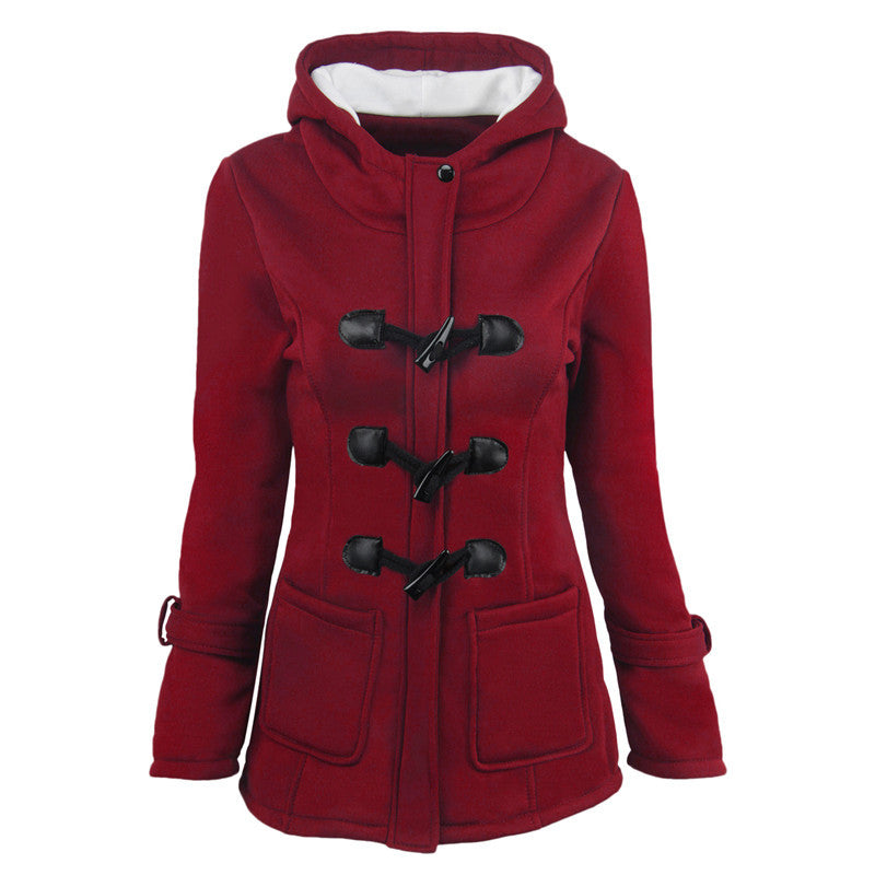 Women's duffle coat with hood and practical pockets, size