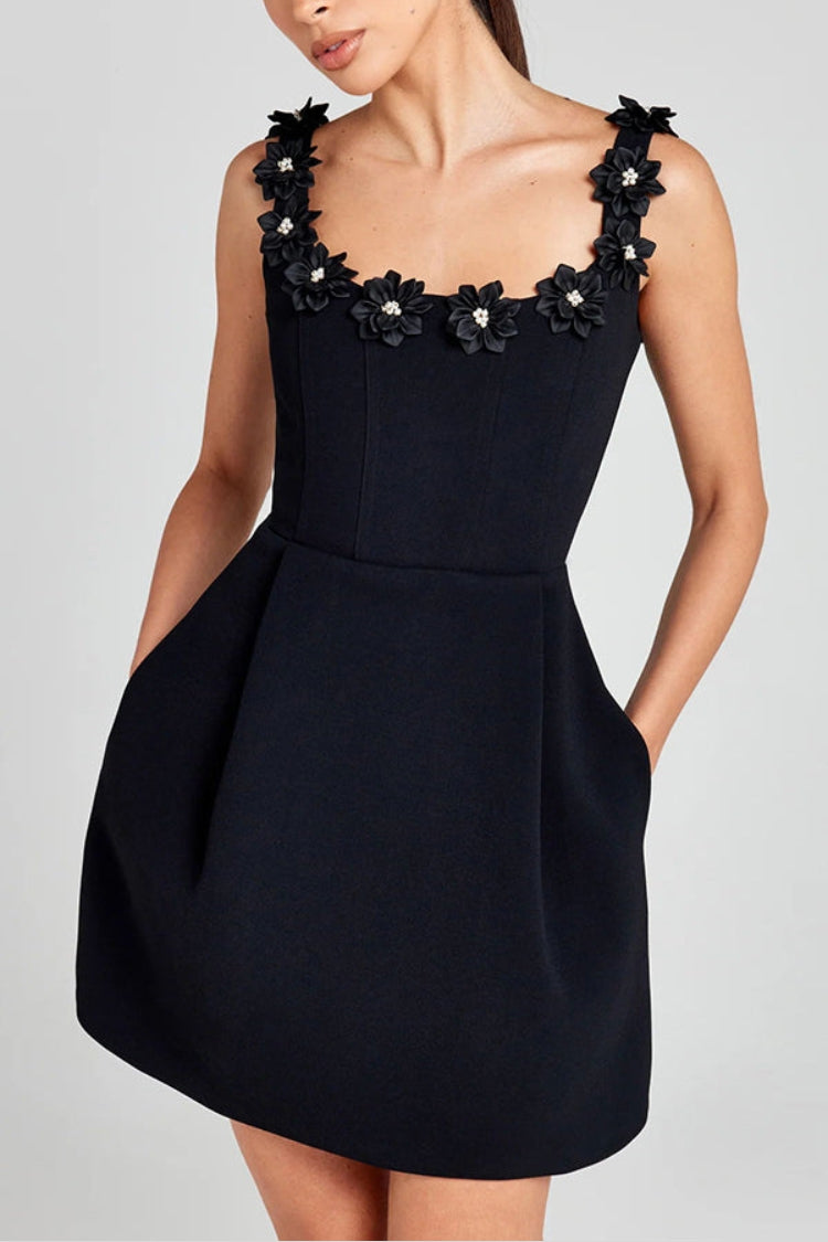 Valenzora | Cindy Faux Pearl Flower Applique Square Neckline Pockets Mini Dress