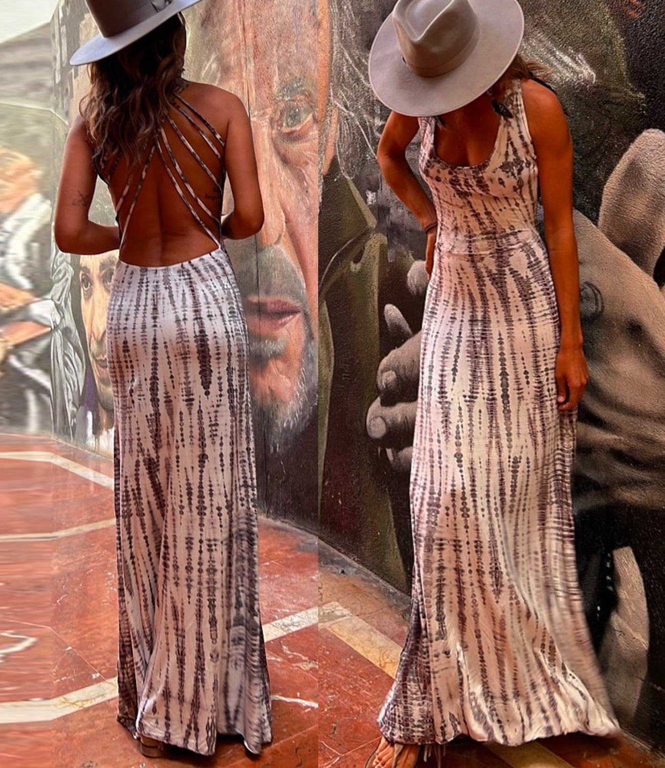 Valenzora | Rosiedress Criss Cross Wickelkleid mit freiem Rücken und Batikmuster