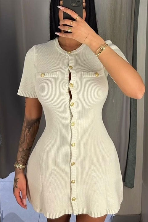 Valenzora | Rosiedress Short Sleeve Button Fastening Mini Knit Dress