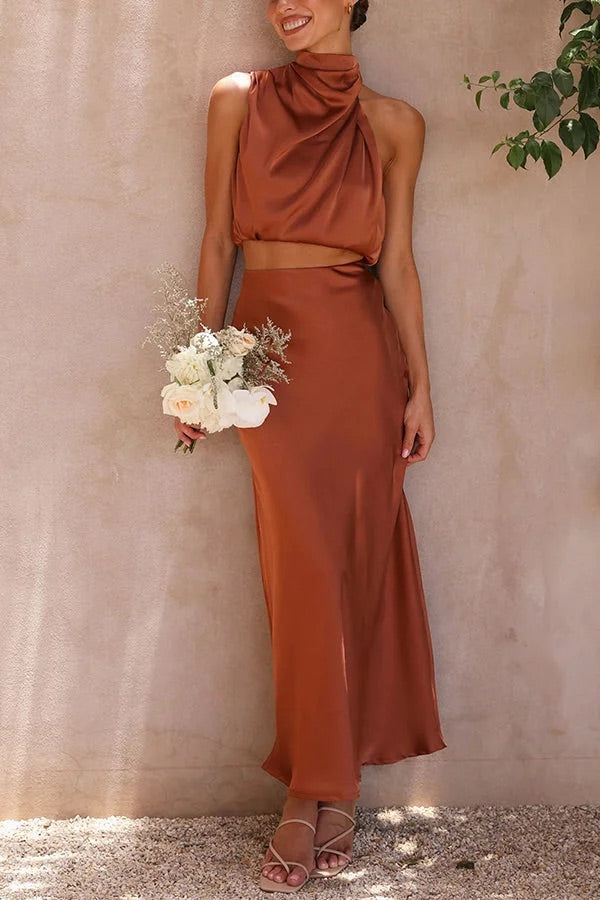 Valenzora | Such a mood High-necked satin draped maxi skirt set