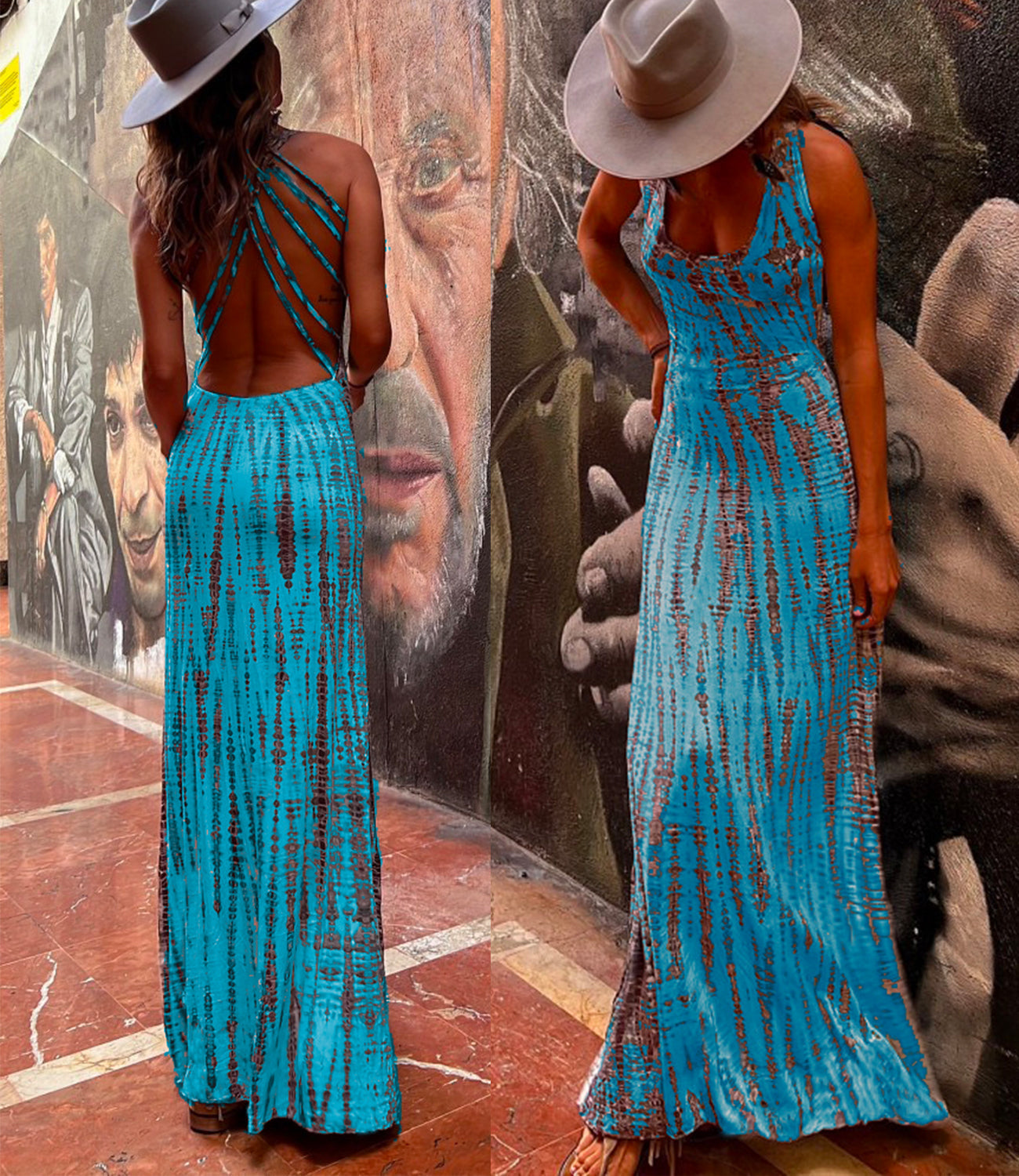 Valenzora | Rosiedress Criss Cross Wickelkleid mit freiem Rücken und Batikmuster