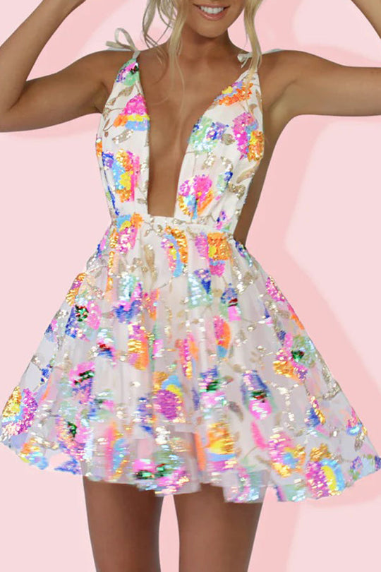 Valenzora | V-neck Open back Sequins Floral Tie A-line Mini Dress