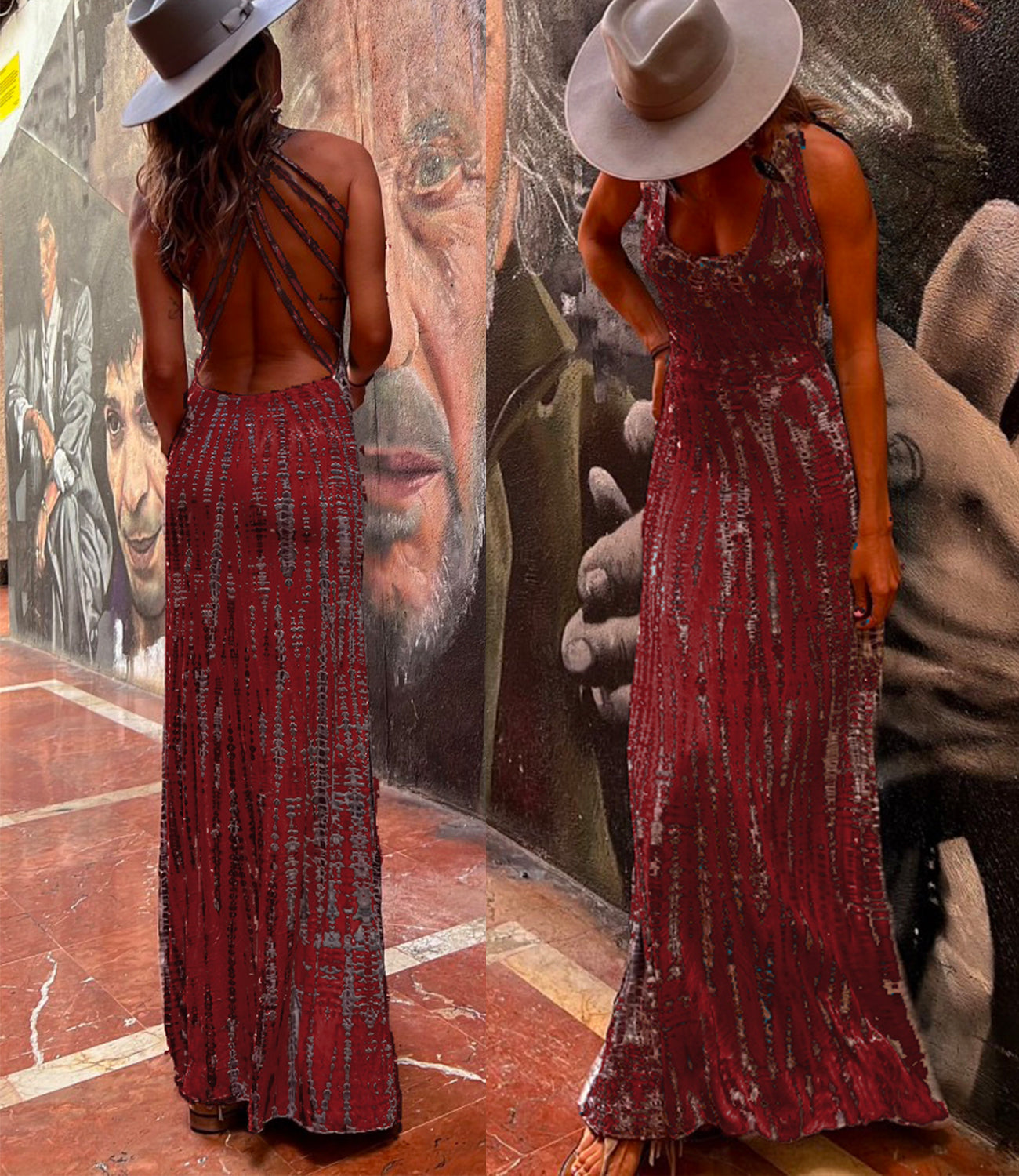 Valenzora | Rosiedress Criss Cross Wickelkleid mit freiem Rücken und Batikmuster