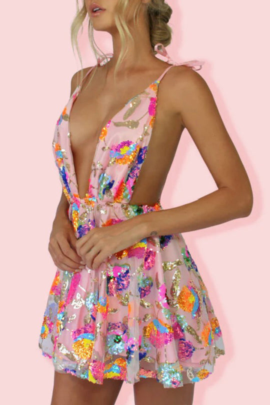 Valenzora | V-neck Open back Sequins Floral Tie A-line Mini Dress