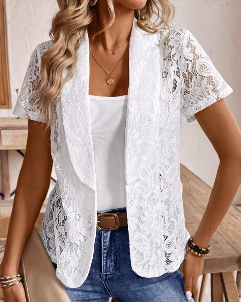 Valenzora | White short-sleeved lace blazer with lapels
