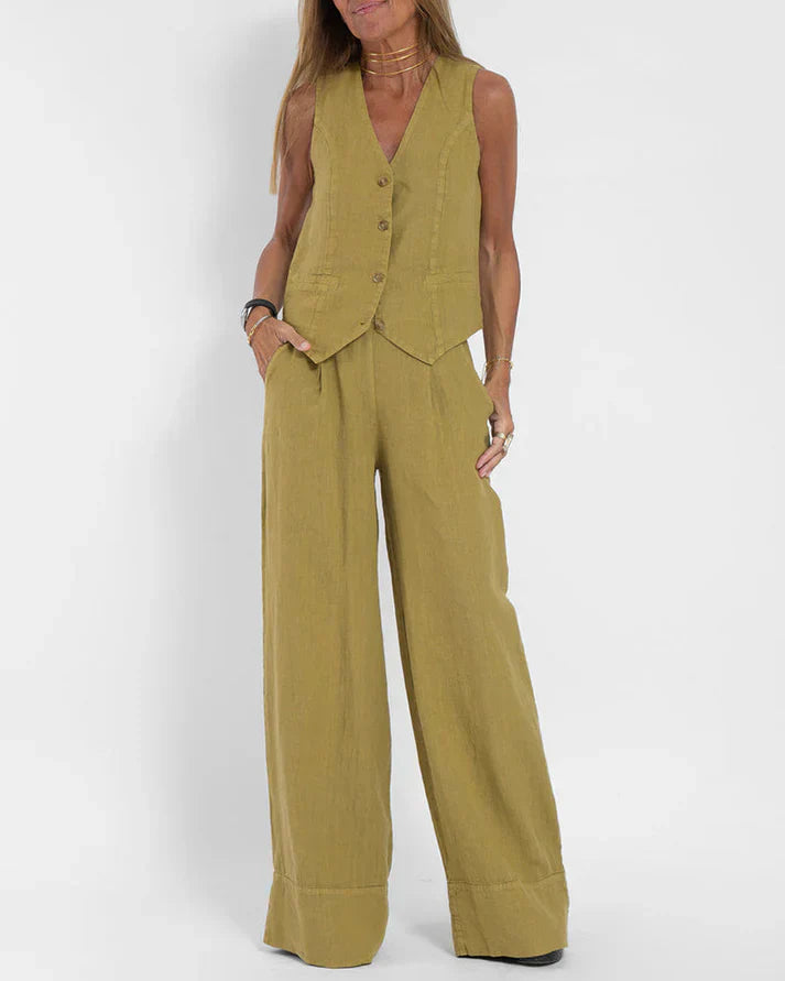 Valenzora | Elegant 2-piece set consisting of wide linen trousers and vest