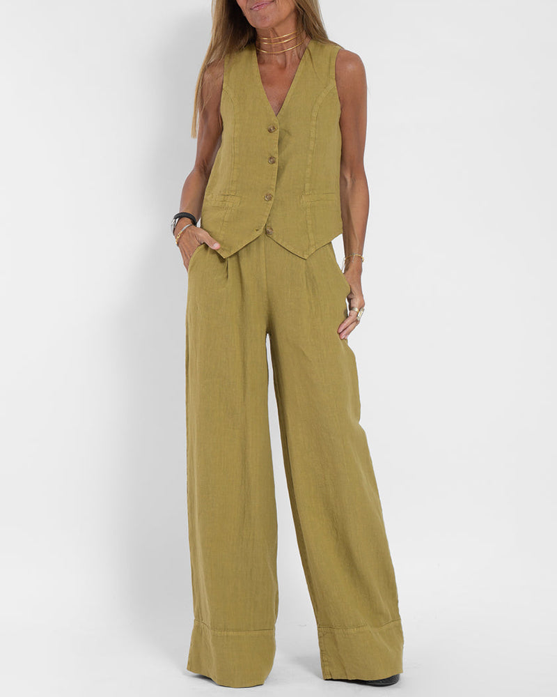 Valenzora | Elegant 2-piece linen set: wide-leg trousers & vest