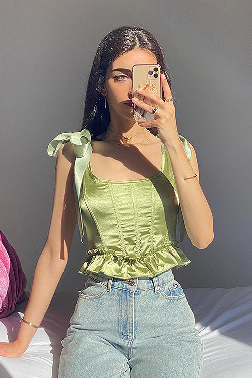 Valenzora | Perfectly Satisfied Green Bow Bustier Corset Crop Top