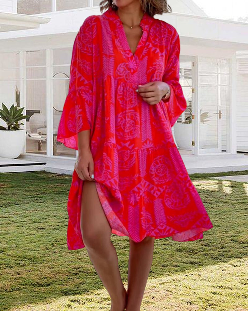 Valenzora | Kleid mit 3/4-Ärmeln und geometrischem Boho-Print