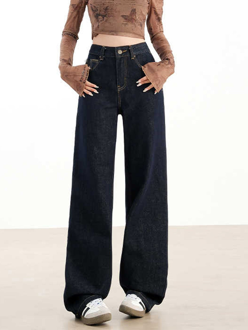 Valenzora | Loose-fitting dark high-waisted floor-length denim trousers