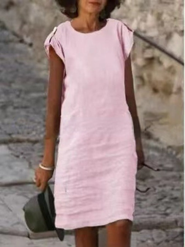 Valenzora | Women's Midi Dress in Colorful Cotton-Linen, Sleeveless with Round Neck