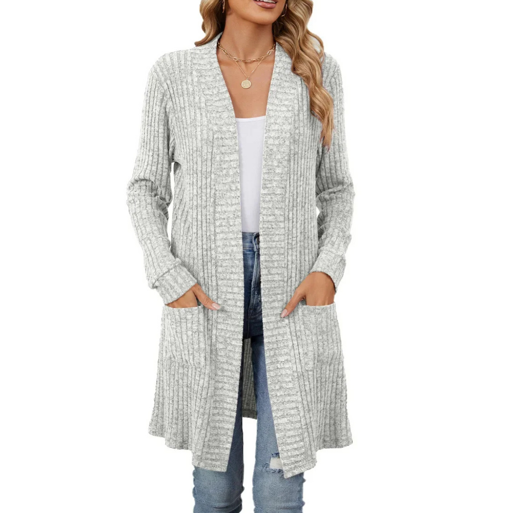 Valenzora | Langer gerippter Cardigan für Damen mit offener Vorderseite und Taschen